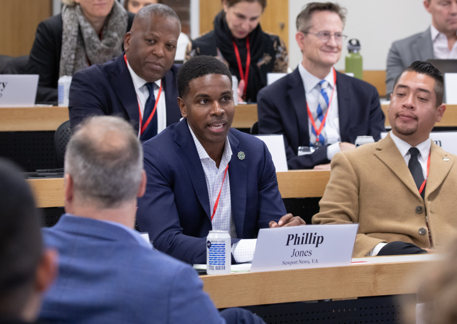 Newport News mayor Philip Jones and others in the Harvard classroom