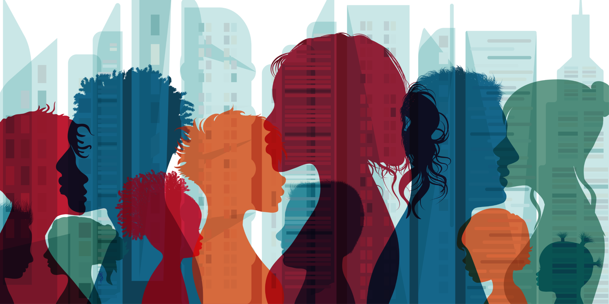 Illustration of colorful silhouettes of people and buildings