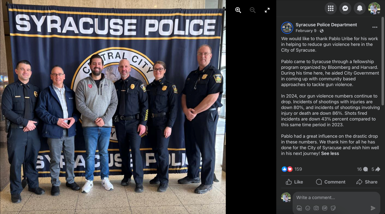 Social media post with image of police officers and city hall fellow