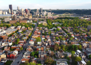 overhead view of city neighborhoods 