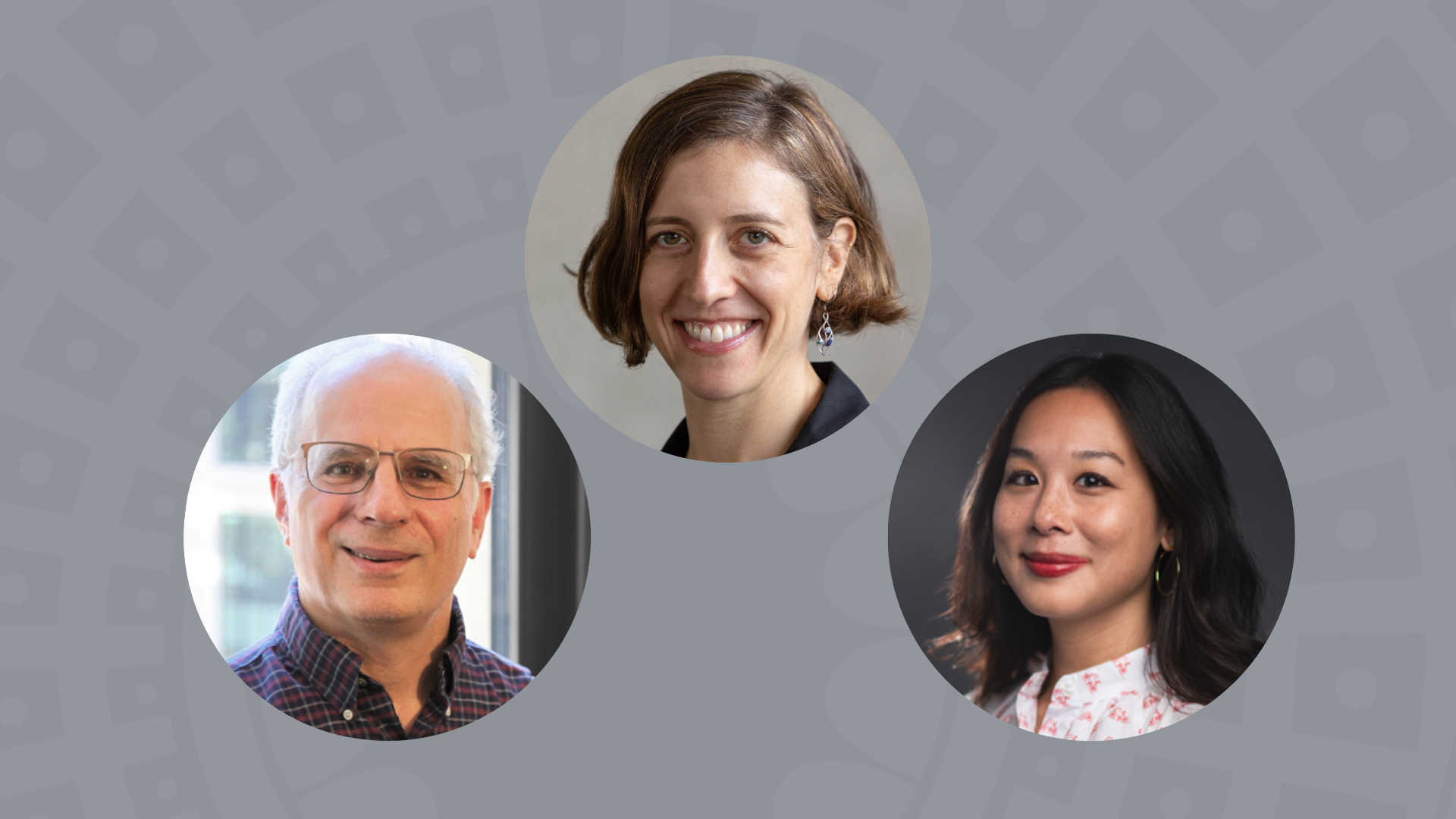 Three panelist headshots on gray background